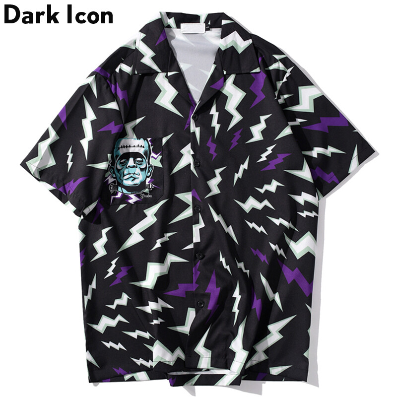 Dark Icon Lightning Printed Hip Hop Shirts Men 2024 Summer Harajuku Oversized Shirt Loose Long Sleeve Blouse For Man