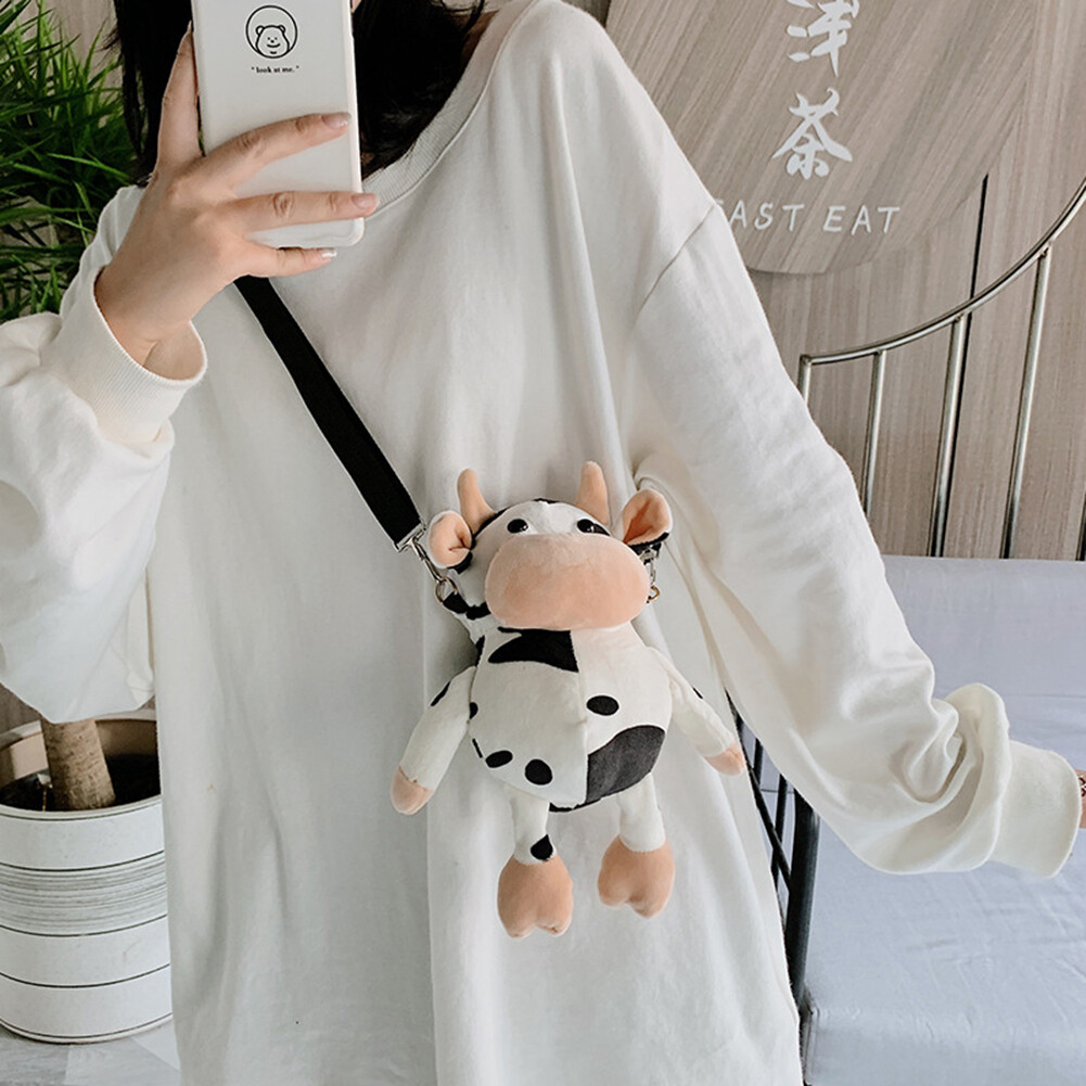 BAGOO Cute Plush Milk Cow Doll Crossbody Bag Women Cartoon Lovely Shoulder Belt Handbag