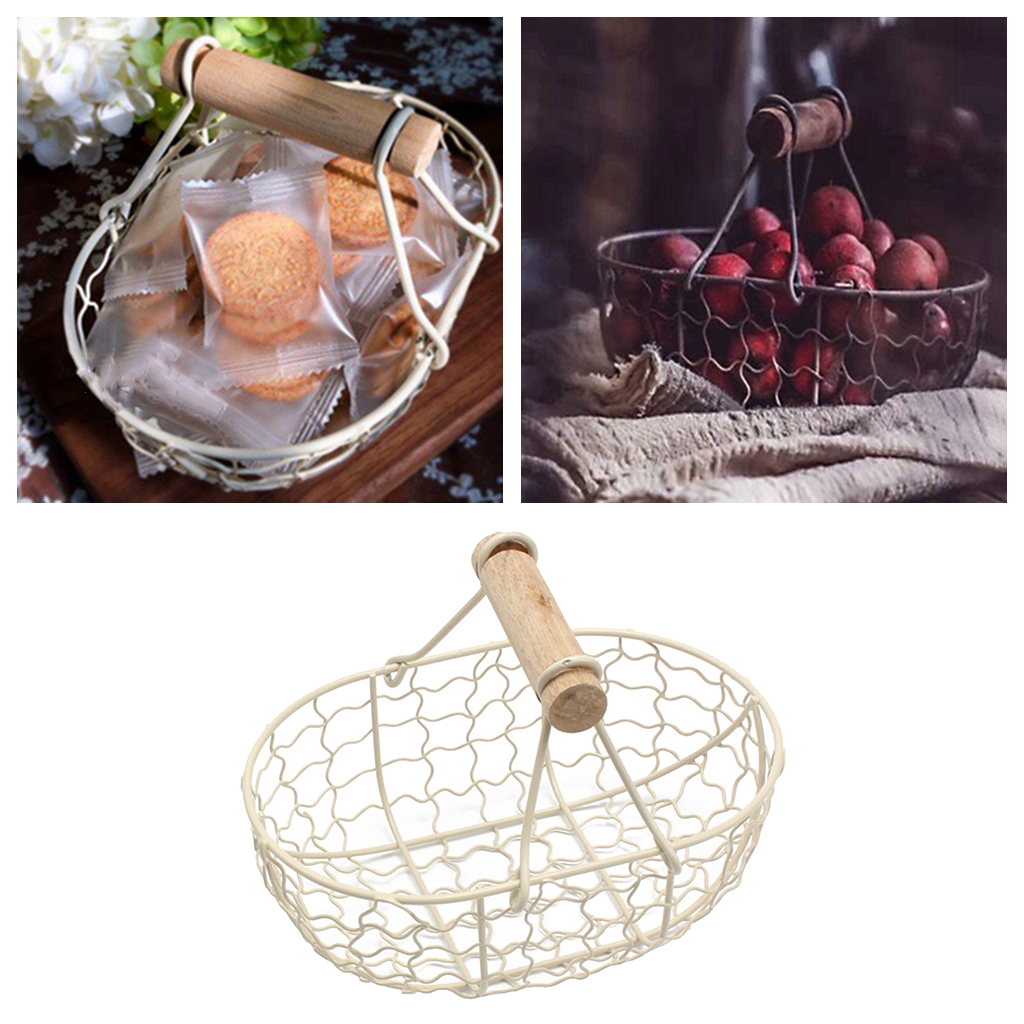 Fityle Iron Storage Basket Bread Fruit Basket with Wooden Handle Home Kitchen Desktop Organizer Snack Basket