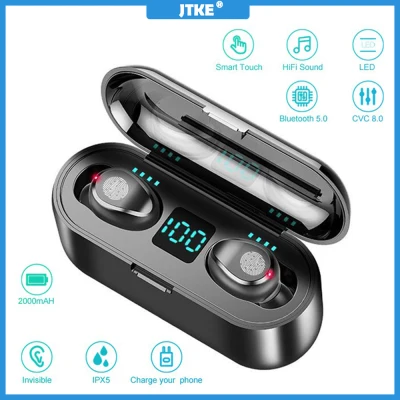 JTKE Wireless Earphone Bluetooth V5.0 F9 TWS Wireless Bluetooth Headphone LED Display HIFI In-ear Sports Headset Support iOS/Android With Mic