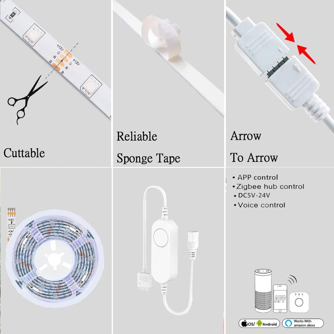 12V Zigbee Smart LED Strip RGB LED Strips Light Wireless Remote Control Support Tuya Smartthings Zigbee2mqtt Echo Google Home Explosive