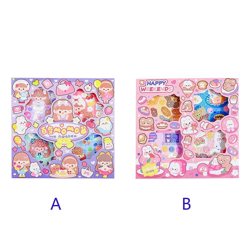 100 Sheets Boxed Cartoon Glittering Stickers Student Decorative DIY Material Stickers Set