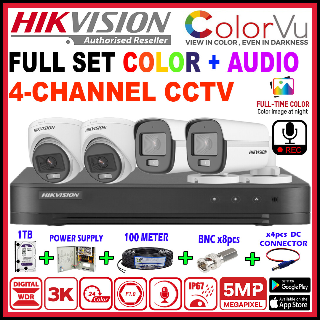 HIK HIKVISION 🌟4-CHANNEL🌟 5MP COLORVU/AUDIO 5.0MP Full Set Colour 4CH ...