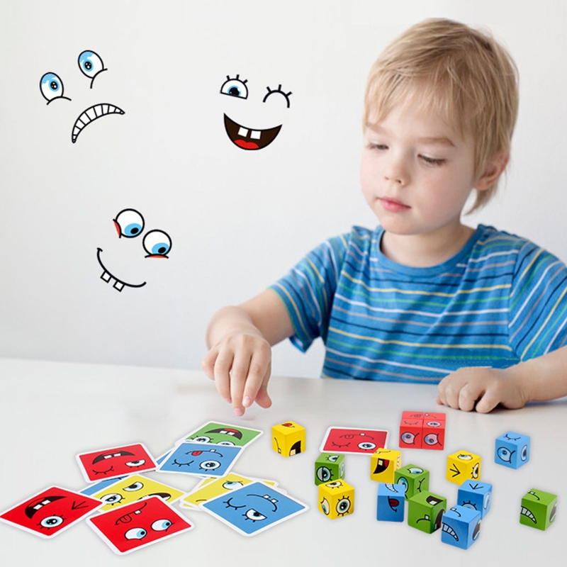 Khối Xếp Hình Biểu Cảm Bằng Gỗ Khối Xây Dựng Đồ Chơi Giáo Dục Montessori Thay Đổi Khuôn Mặt Ma Thuật