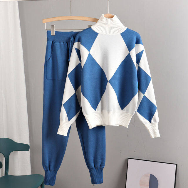 2Pc Women's Sweater Sports Turtleneck Geometric Pullover Top + Knit Harem Pants Two Piece Ladies Outfits