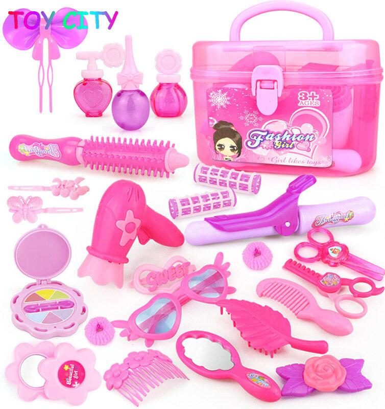 Hot sale Pretend Play game Simulation Princess Make Up Toys portable Pink Set Hairdressing Plastic Toy For Girls DIY Cosmetic