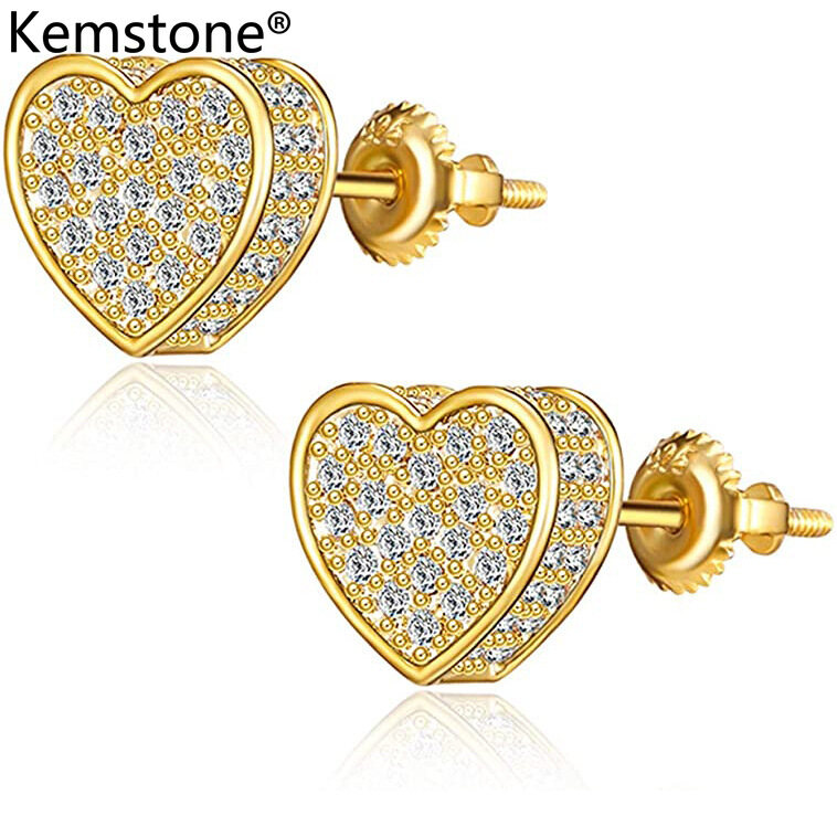 Kemstone Sweet Heart Shape Full Crystal Gold Silver Plated Female Stud Earrings Jewelry Gift for Women