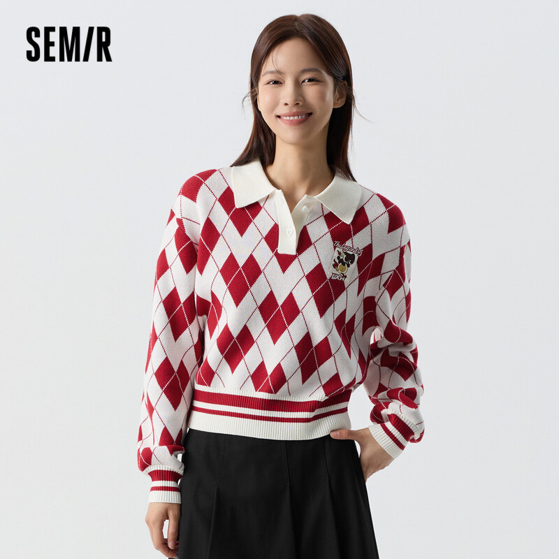 Semir Knit Sweater Female Short Diamond Grid Love Playful 2024 Spring New Loose Polo Shirt Sweet