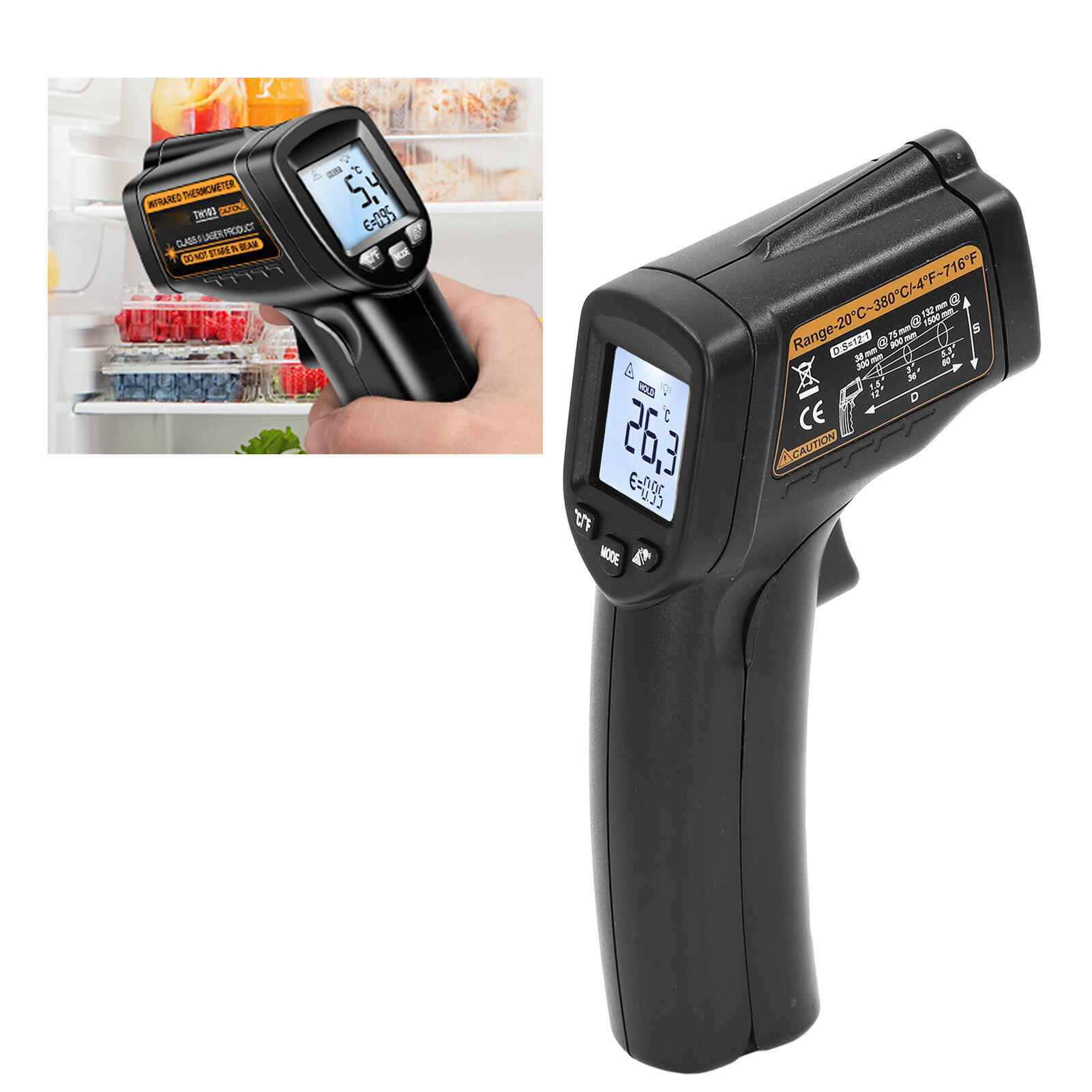 Infrared Thermometer LCD Display Cooking Infrared Thermometer 12:1 Object Distance Ratio Non Contact for Food