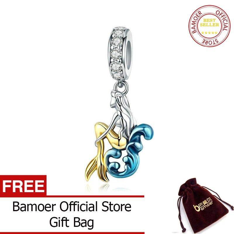 BAMOER Beauty Mermaid Pendant 925 Sterling Silver Enamel Charm fit Original Bracelets & Bangle Necklaces DIY Accessories SCC1166