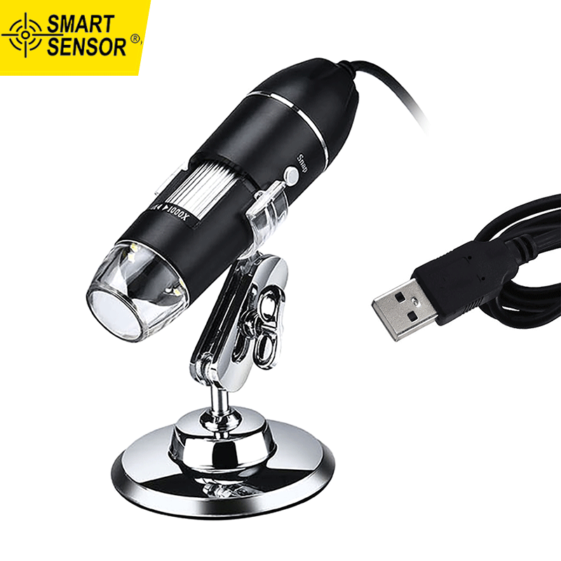 Smart Sensor USB Digital Microscope 500X/1000X/1600X Magnification Camera 8 LEDs with Stand Compatible with Android Windows/ XP Win 7 8 10 Vista Linux Mac Portable Handheld Inspection Magnifier