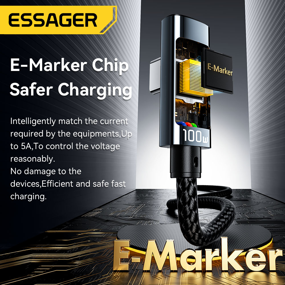 Essager Pd 100W Loại C Để Loại C Cáp Khuỷu Tay Màn hình hiển thị kỹ thuật số USB2.0 USBC Nhanh Chóng Sạc Điện Thoại Di Động Dữ Liệu Dây Cho Máy Tính Xách Tay Xiaomi cá mập đen điện thoại di động