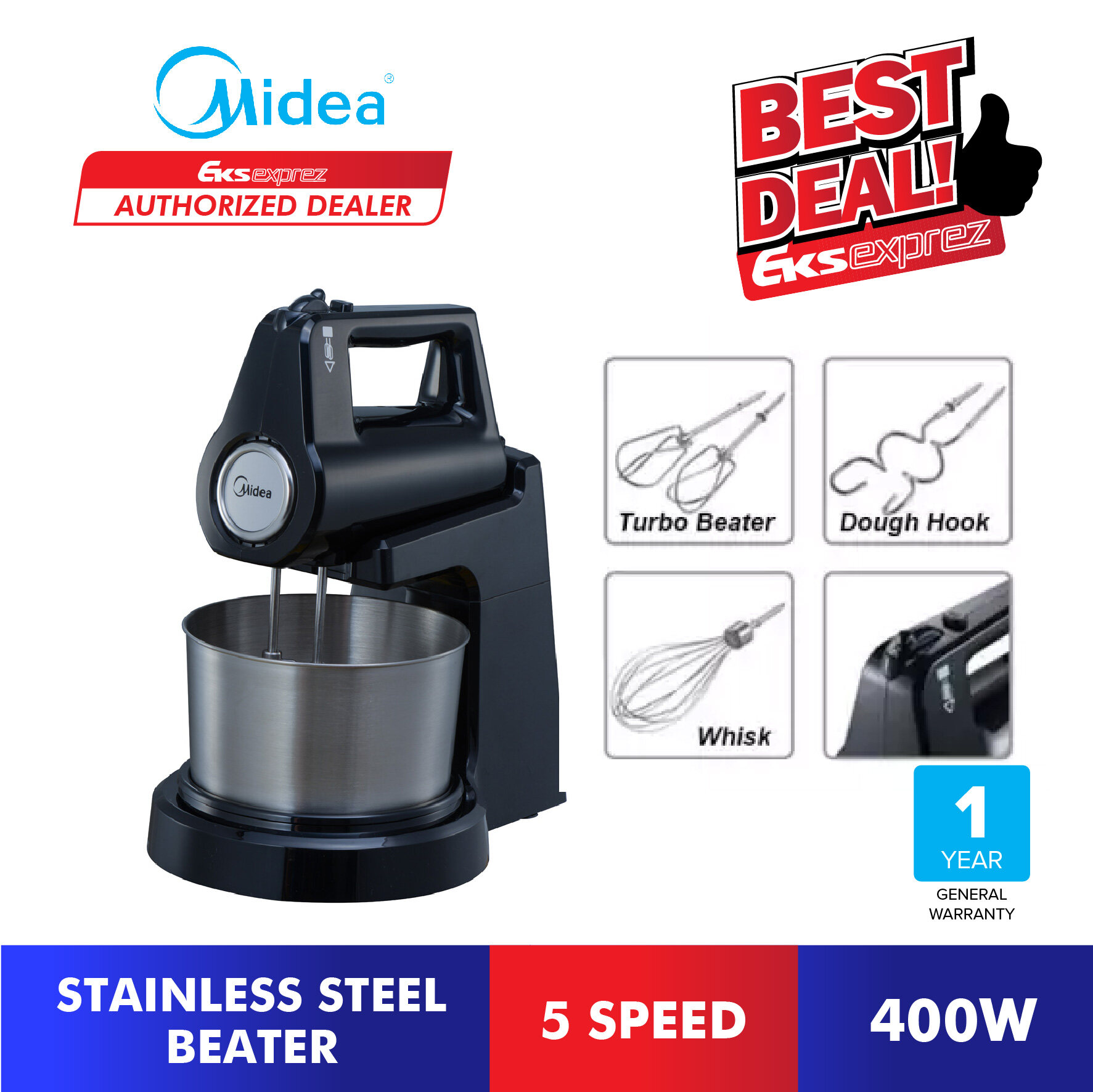 Midea Stand Mixer With 5 Speed & Turbo Button (400W) SM0293BK Lazada