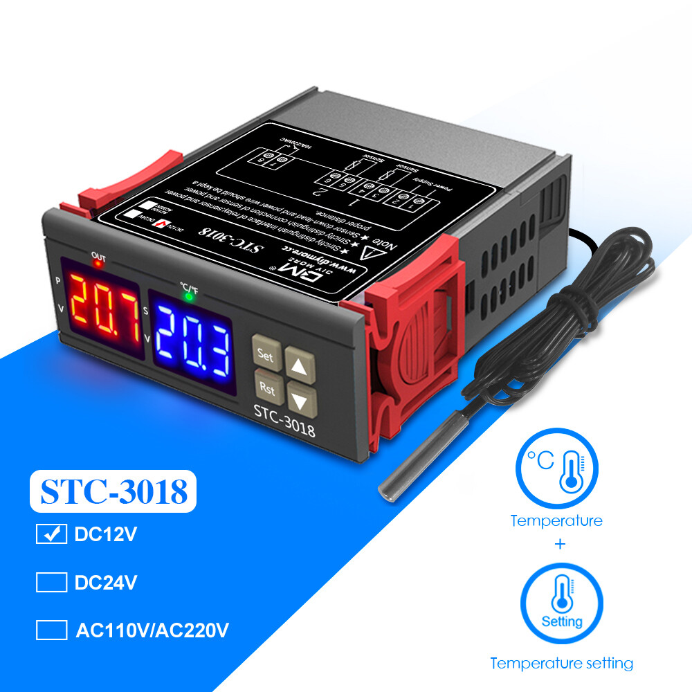 STC-3018 Digital Temperature Humidity Meter AC 12V/24V/110V-220V 10A Thermostat Dual Display Thermometer Hygrometer Controller Adjustable 0~100%Rh  NTC Sensor Probe