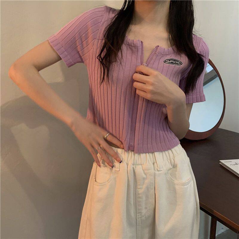 Short Women's Knitting Shirt New BM Style Small Style Short Sleeve Zipper chic Cardigan Top Women