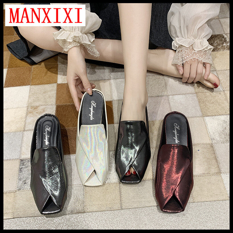 MANXIXI Brand Korean Version Slippers Fashion Beautiful INS Style Sexy Open Toe Shining Flat Mules Sandals For Women (Size 35-39)