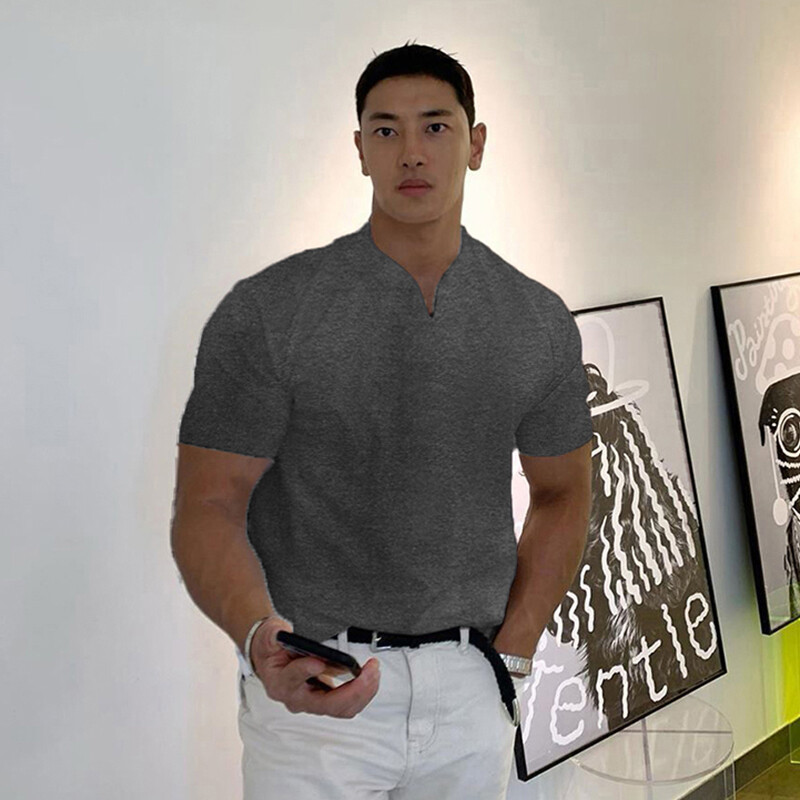 Running V Neck Short Sleeve T Shirt Men Fitness Slim Fit Sports Cotton T-shirt Fashion Tees Tops Summer Plain Gym Clothing