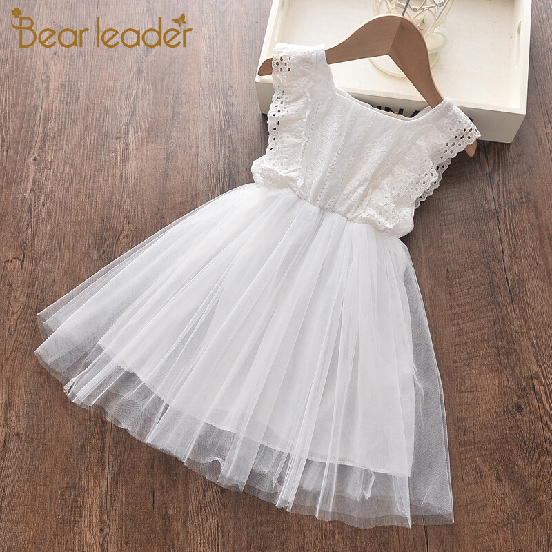 Bear Leader Cute Girls Dress Summer Children Floral Sleeveless Dresses Mesh White Applique Girl Clothes Lace Hollow Out Solid Party Clothing Openwork Baby Girl Kid Princess Vestidos