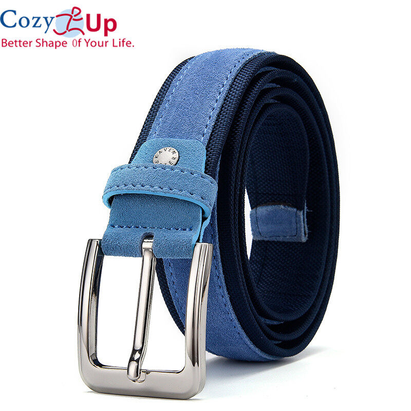 Cozy Up 120cm*3.8cm Men Suede Leather Belt with Oxford Fabric Strap Genuine Leather Luxury Pin Buckle Blue Belts for