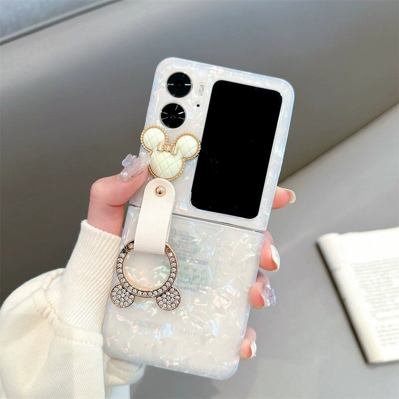 Gradient Shell Pattern Phone Case For OPPO Find N2 Flip With Leather Finger Holder Lovely Diamond Pattern Cartoon Cases For Find N2Flip