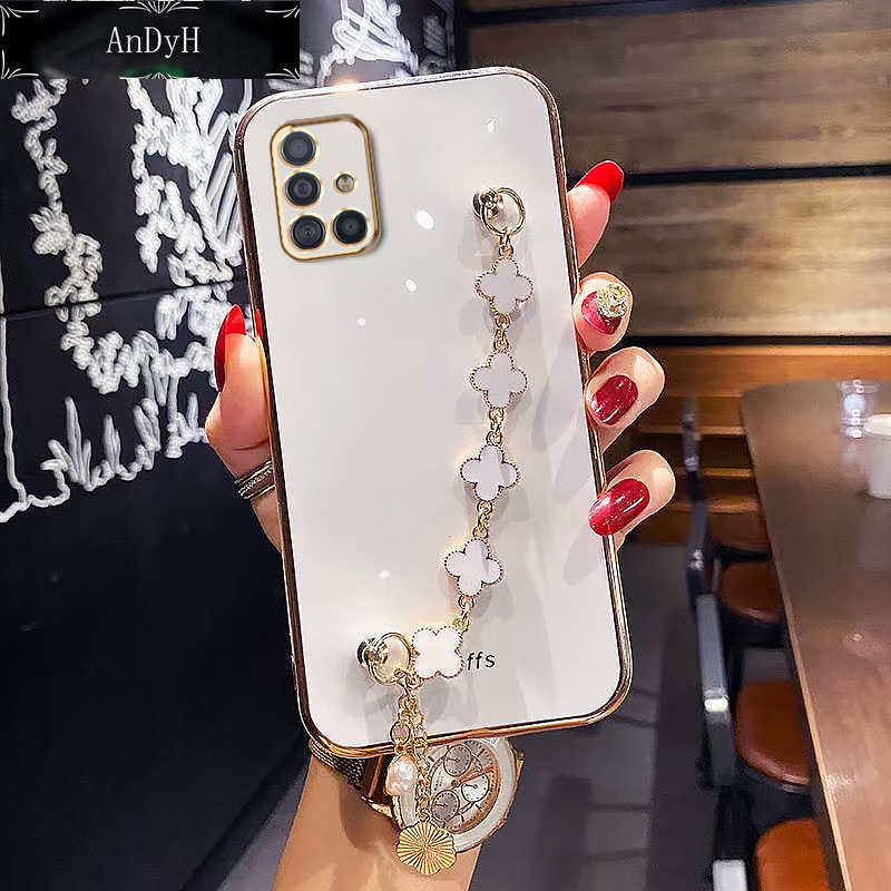 AnDyH Straight Edge Plating Phone case For Samsung Galaxy A51 casing,Precise Camera Protection cases Cute girl style cover with Four leaf clover bracelet