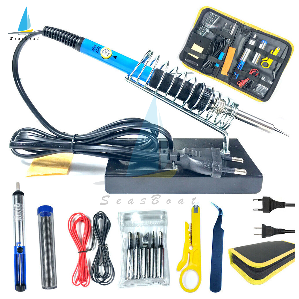 【Seasboat】Soldering Iron Soldering Iron Kit Electronics 60W Adjustable Temperature Welding Tool 5pcs Soldering Iron Tip /Soldering Iron Stand /Desoldering Pump /Tweezers /Solder Wire /Carry Bag