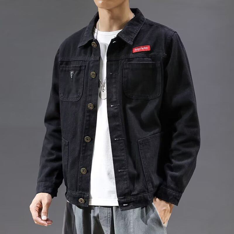 Black Loose Denim Jacket Men's Autumn Lapel Coat Casual Simple Denim Jacket