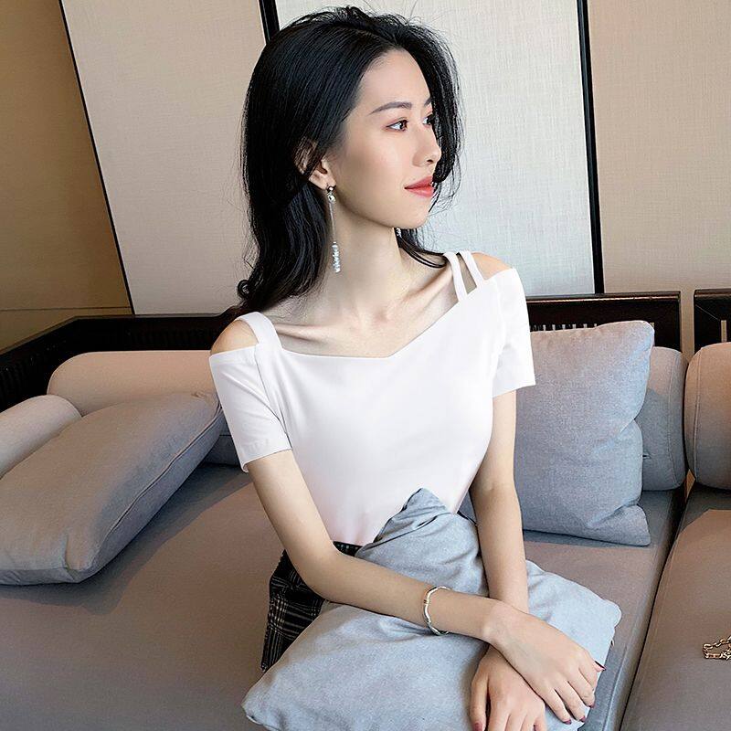 Off Shoulder Short Sleeve T-shirt Women's Off Shoulder Top Collar Fashion Summer Strap Slim Fit Half Sleeve Knit Bottom Shirt