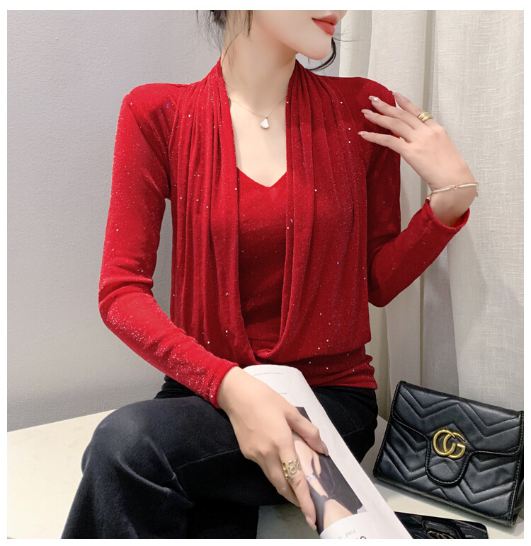 Women's Dance Top Black Mesh Small Shirt 2023 Latest Slim Black Sparkling T-shirt