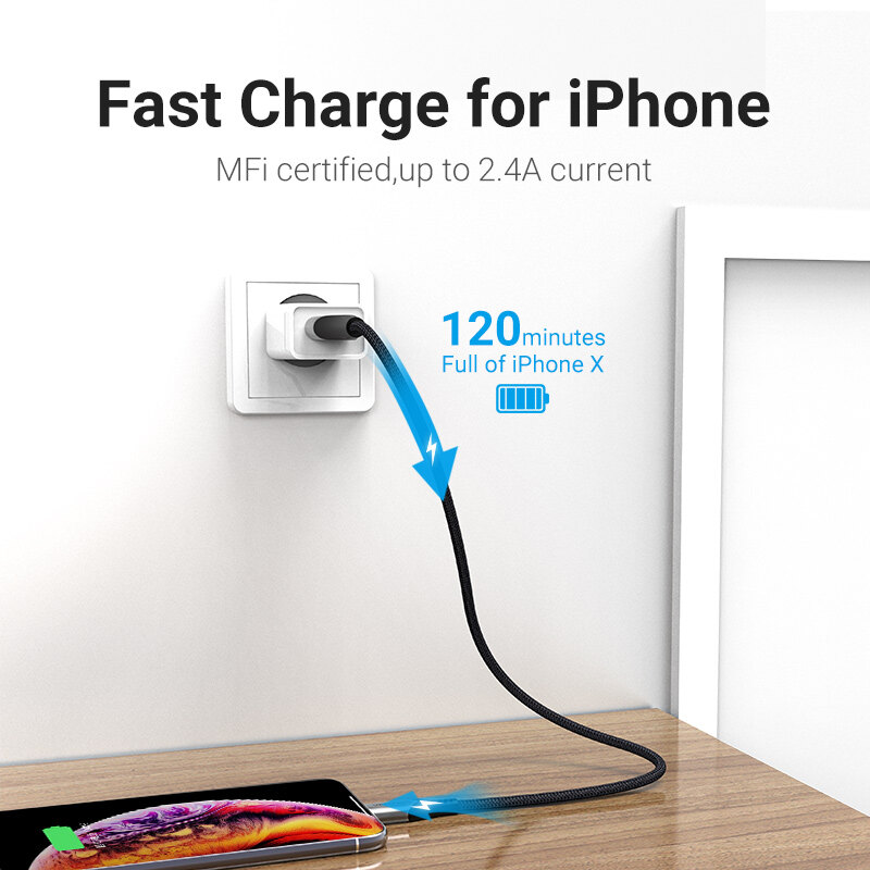 Vention MFI Lightning Cable 2.4A Fast Data Charging iPhone Cable for iPhone 13 12 11 X Pro Max iPad iPod iPhone Apple USB to Lighting Wire Cable