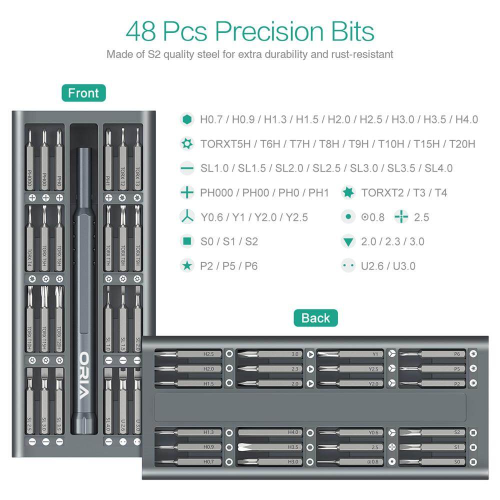 ORIA Bộ tua vít chính xác 49 trong 1 Bộ tua vít dài kèm 48 đầu vít bằng thép S2 Bộ dụng cụ sửa chữa cho điện thoại thông minh/máy tính bảng/máy tính cá nhân