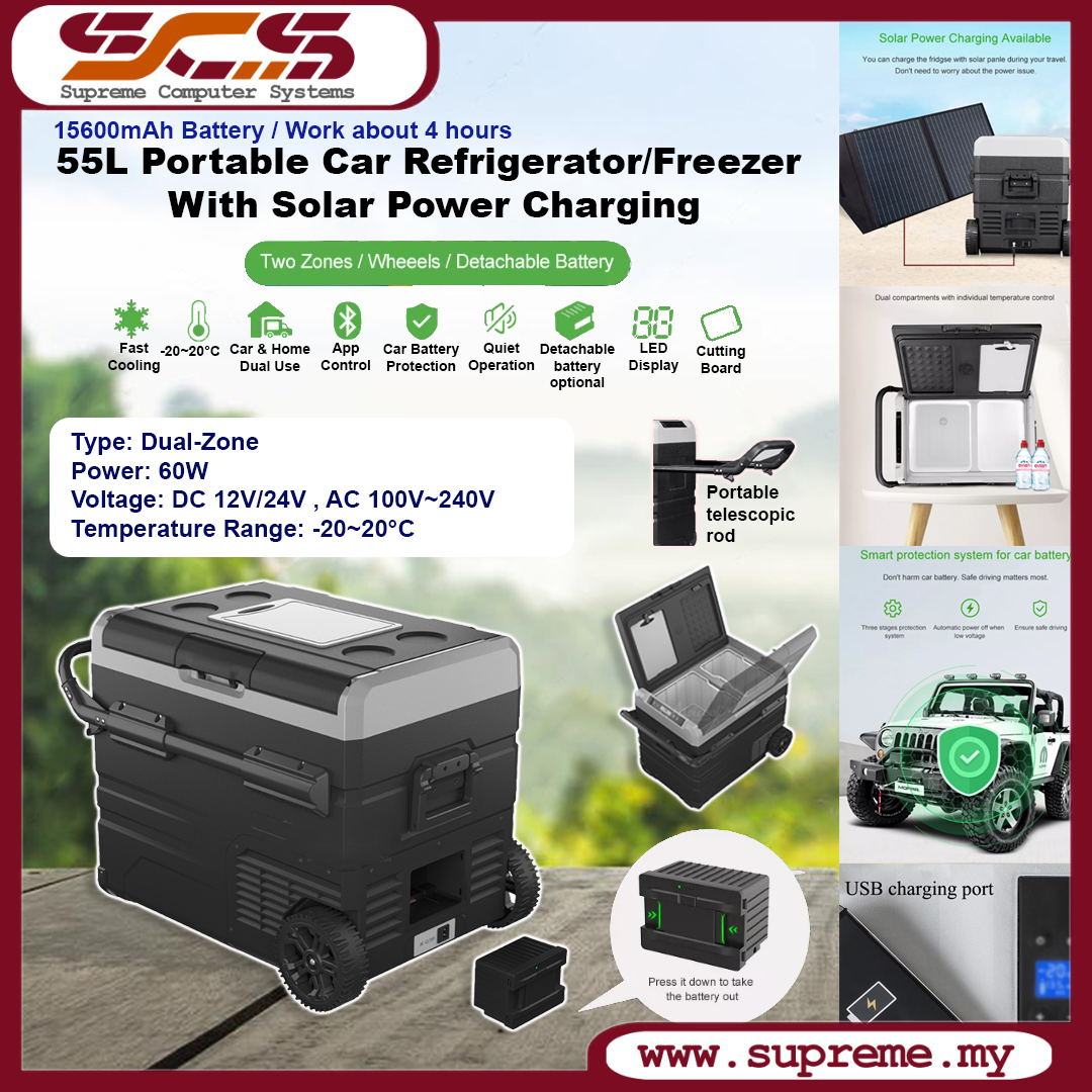55L Alpicool 12V Portable Car Refrigerator & Freezer and Chiller With Wheels & Battery Solar