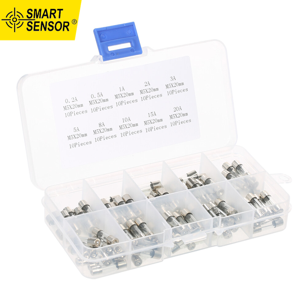 Smart Sensor 100pcs 5x20mm Fast-blow Glass Tube Fuses Assorted Kit Amp 0.2A 0.5A 1A 2A 3A 5A 8A 10A 15A 20A