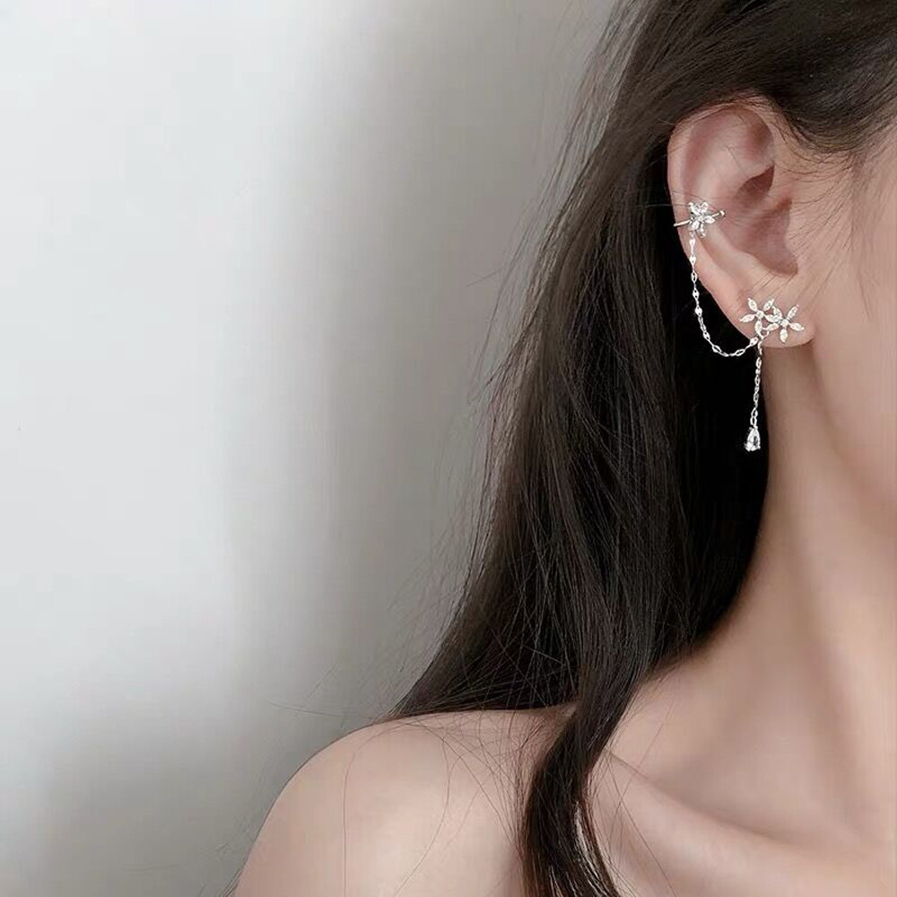 New Fashion Jewelry Geometric Temperament Asymmetry Girls Flower Ear Clips Women Dangle Earrings Ear Cuff Chain Clip Earrings