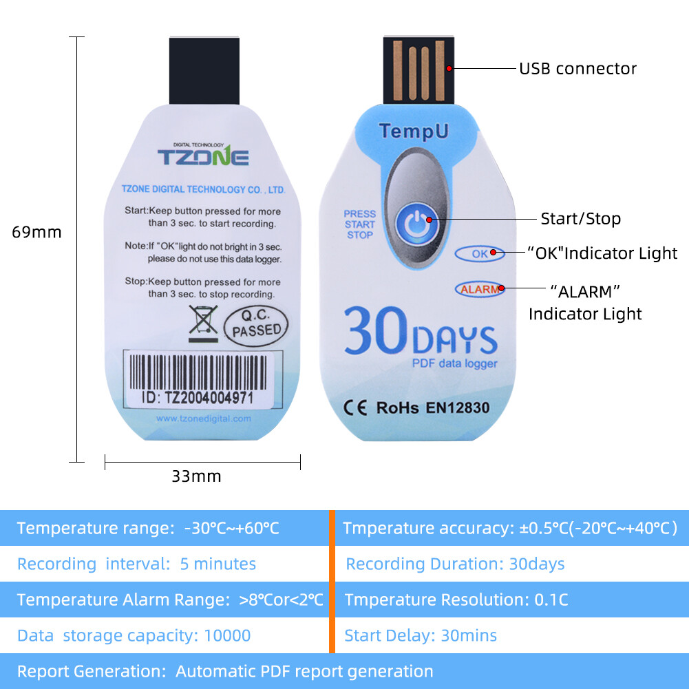 Yieryi 30 ngày/60 ngày/90 ngày dùng một lần USB nhiệt độ máy ghi dữ liệu IP67 không thấm nước xuất khẩu PDF nhiệt độ máy ghi dữ liệu cho thực phẩm và thực vật lưu trữ dây chuyền lạnh Giao thông vận tải đặc sản lưu trữ