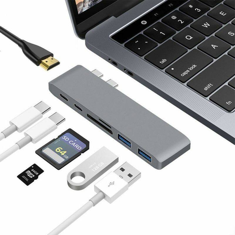 Original 7 in1 USB-C Hub Dual Type-C Aluminum Card Reader Adapter 4K HDMI for MacBook Pro