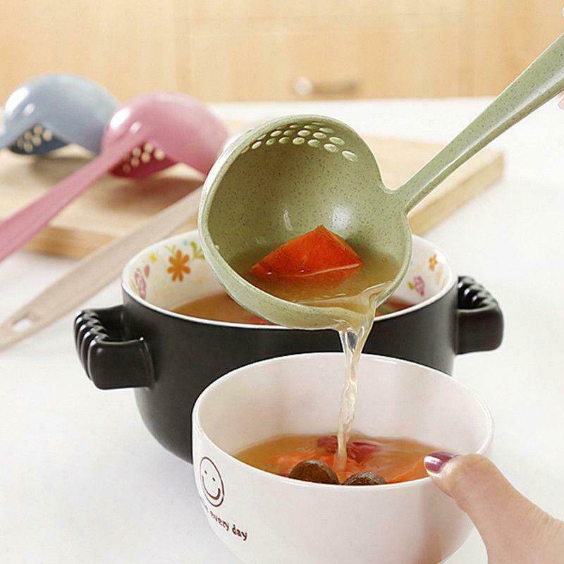 2 in 1 Wheat Straw Soup Spoon Ladle Filter Solid Color Kitchen Colander Spoon Long Handle Oat Filter Spoons Home Cooking Tools Kitchen Accessories