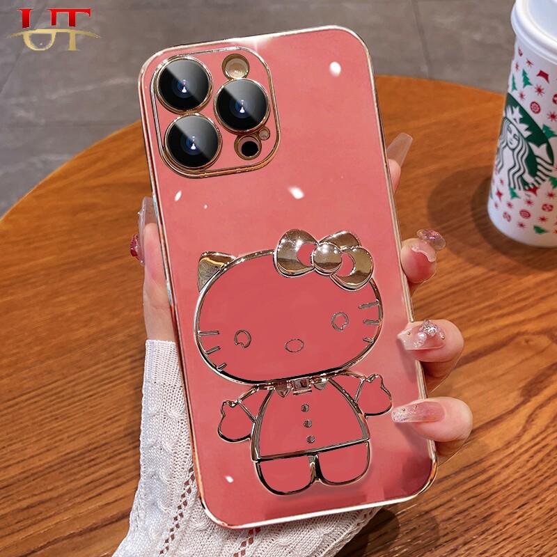 Luxury smooth silicone case For iphone 15 pro max 15 plus iphone 14 pro max iphone 13 pro max iphone 12 pro max iphone 11 pro max iphone 12 mini iphone 11 mini electroplated Kitty cat touch-up mirror stand