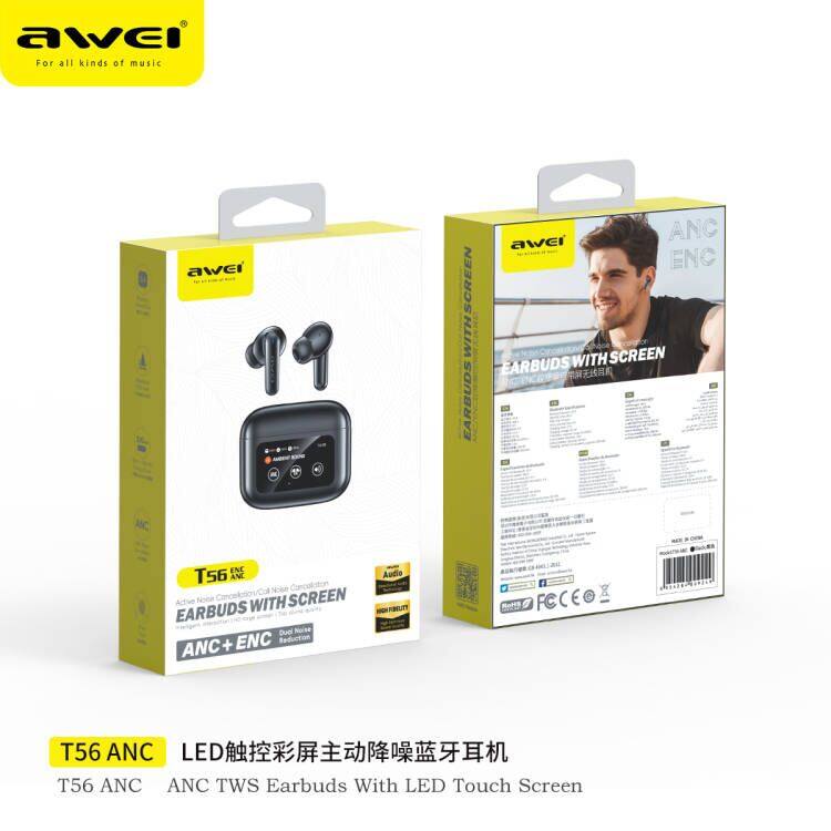Awei T56 ANC Large color Screen AI Intelligent Translation Bluetooth earphone -35dB EQ model selection bluetooth 5.4 with Earphones search Wallpaper selection Spatial sound effect selection wireless earbuds