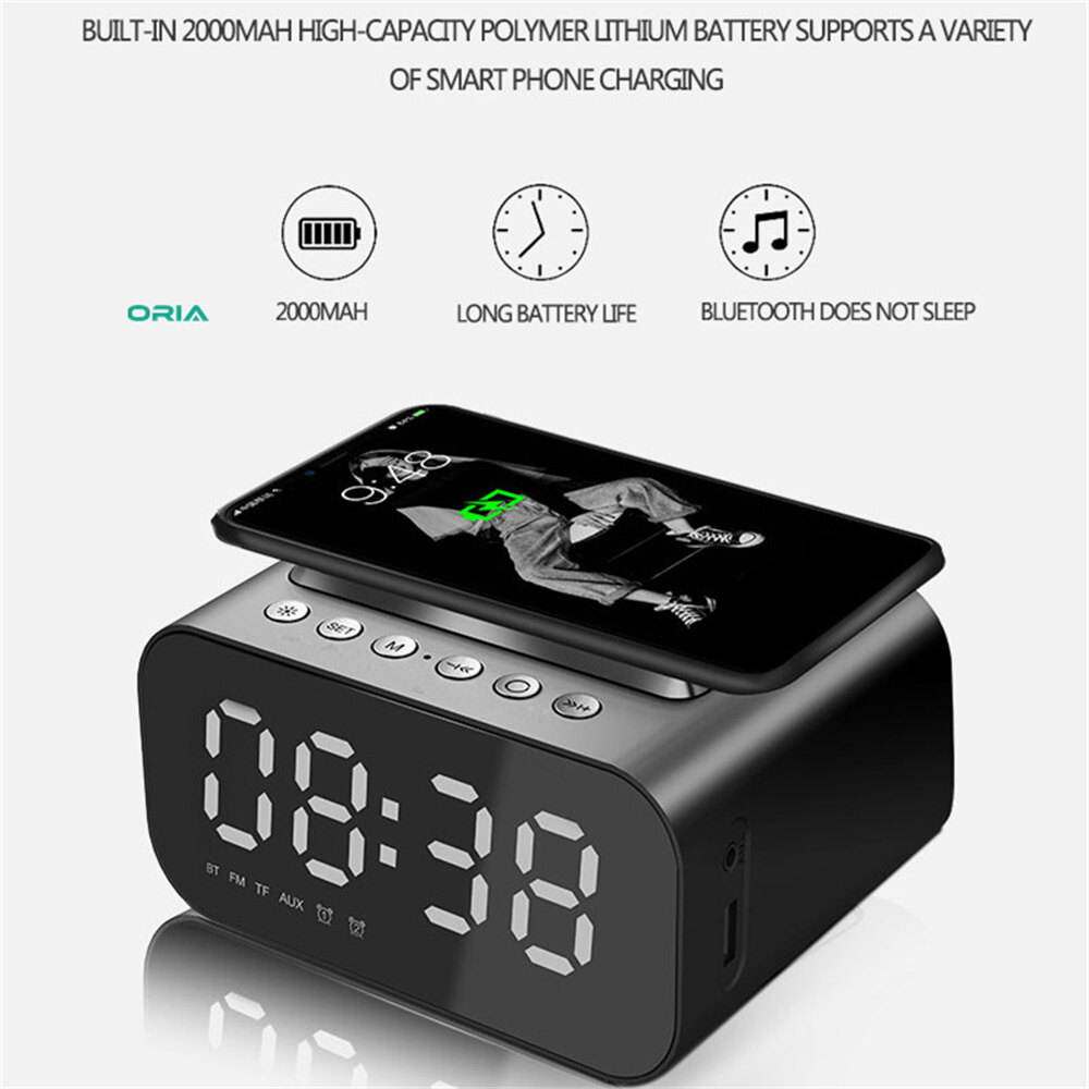 Oria đồng hồ gương kỹ thuật số fm loa Bluetooth đồng hồ âm nhạc sạc có đèn nền, 3 mức độ sáng, 2 chế độ phát lại, micrô, chức năng rảnh tay cho đồ trang trí văn phòng phòng ngủ gia đình