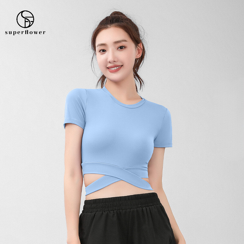 SUPERFLOWER Camiseta de secado rápido para mujer, cuello redondo, ombligo y abdomen expuestos, Spos Running Fiess Yoga Sho mangas_voghion.com