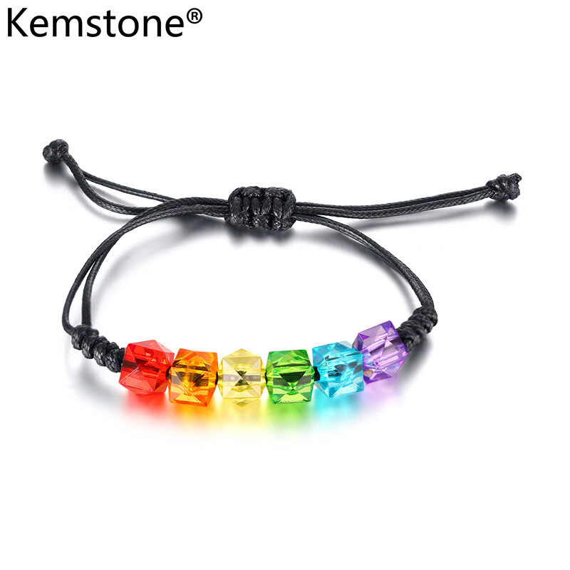 Kemstone Fashion Rainbow Color Square Plastic Beads Wax Rope Adjustable Bracelet for Men Women