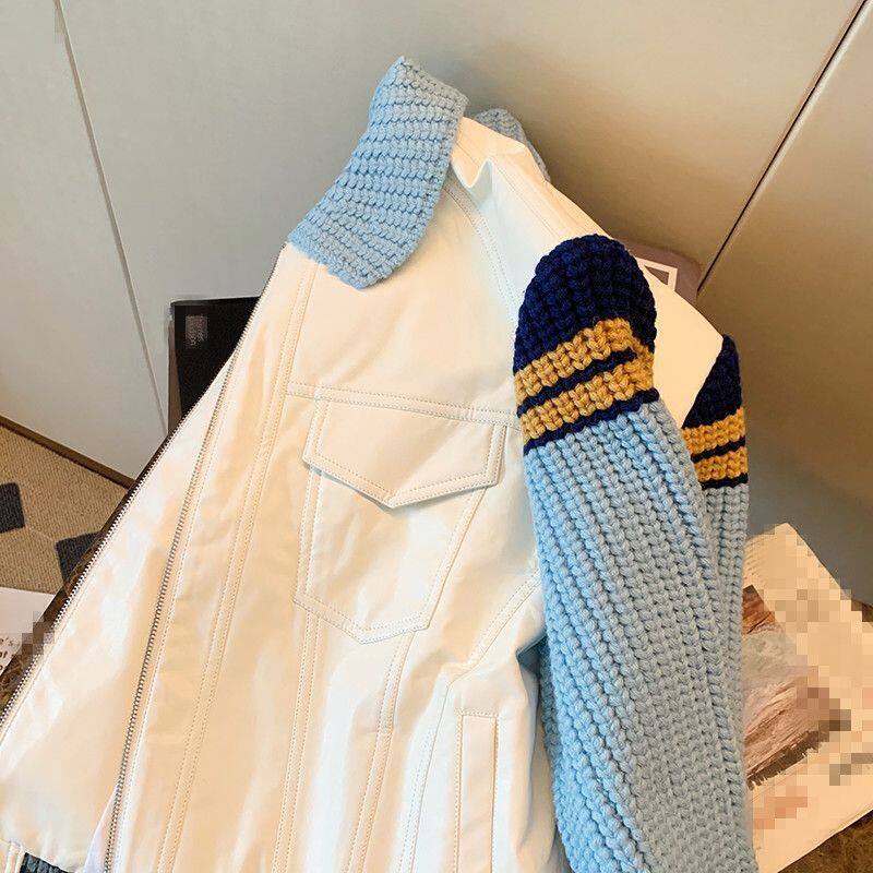 Sweater Patchwork Denim Jacket Women's Lapel Jacket Retro Baseball Uniform New Fall 2022 Casual Oversize Outwear for Female