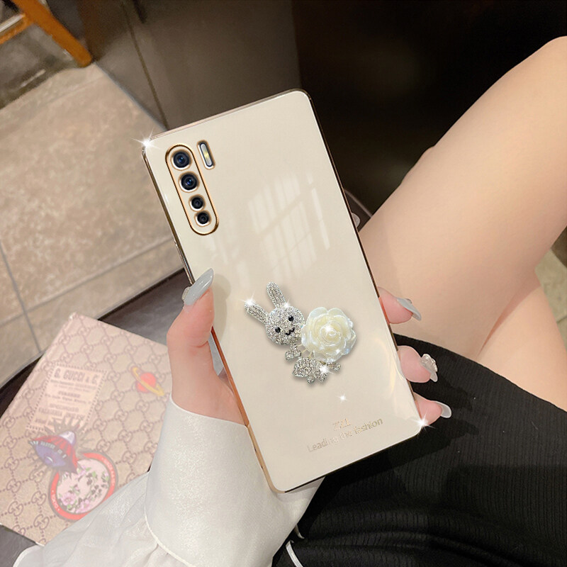 Ốp Cho OPPO A91 Reno 3, Ốp Điện Thoại Mềm Mạ Cạnh Thẳng Hoa Hình Thỏ Giả Kim Cương Giả 3D Siêu Mỏng Ốp Lưng Silicon Siêu Mỏng Bảo Vệ Chống Sốc