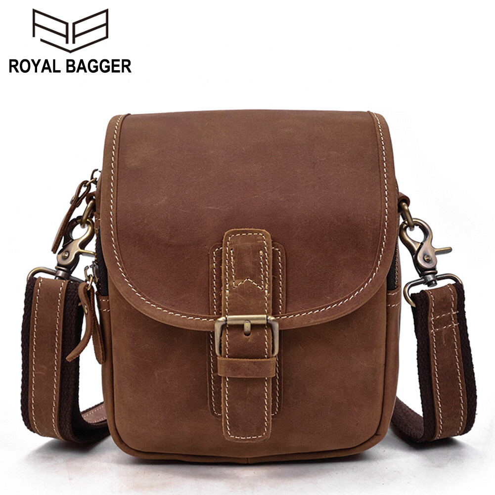 Royal Bagger Crazy Horse Leather Shoulder Bag Crossbody Bags For Men Genuine Cow Leather New Fashion Sling Bag Cool Business Casual Man Messenger Bag Small Waist Pack