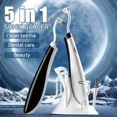 5 in 1 Profession Sonic Scaler Teeth Tool Home Oral Care Beauty Electric Scaler High Frequency Vibration 2 Colors LED Lighting Tartar Tooth Remover Tooth Cleaner