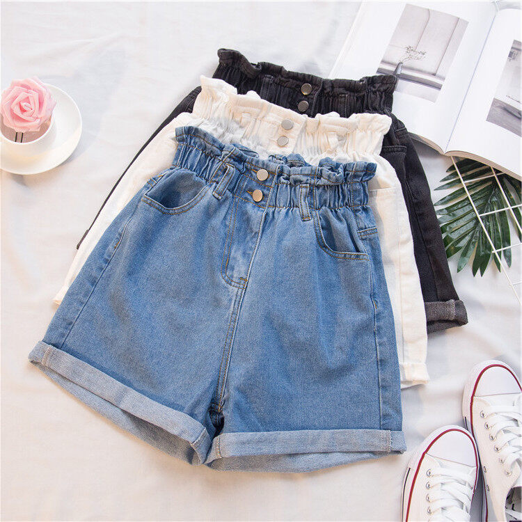 Plus Size Summer Black Women's Denim Shorts Large Size 5Xl Harem Ruffle White High Waisted Shorts Elastic Waist Jeans for Women