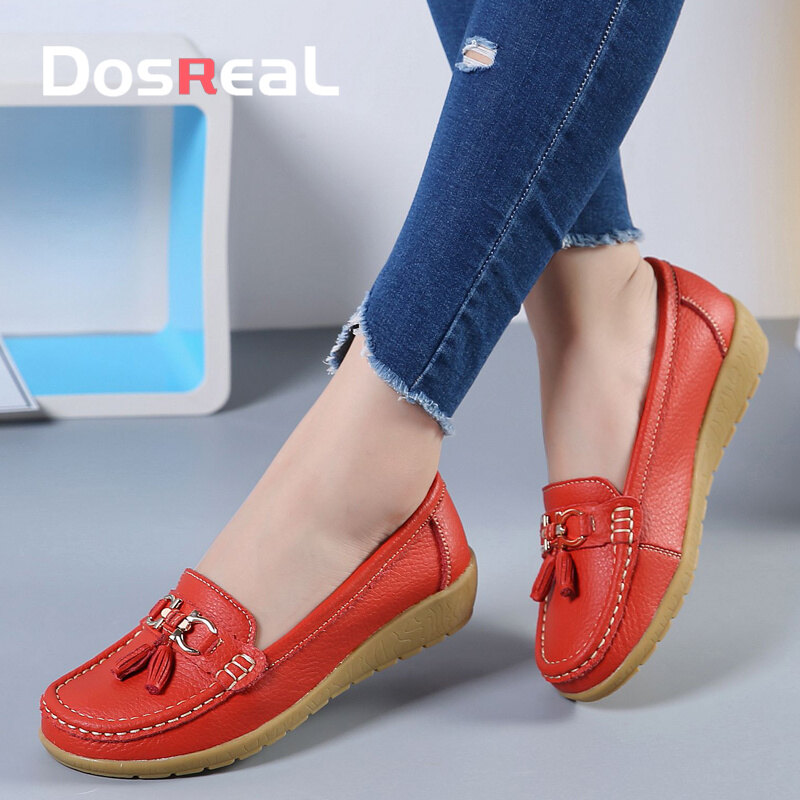 Flats Woman Cow Leather Flats Women Slip On Women's Loafers Metal Decoration Large Size