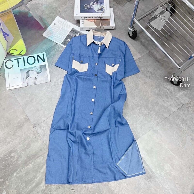 Đầm jeans xanh túi hộp phối màu