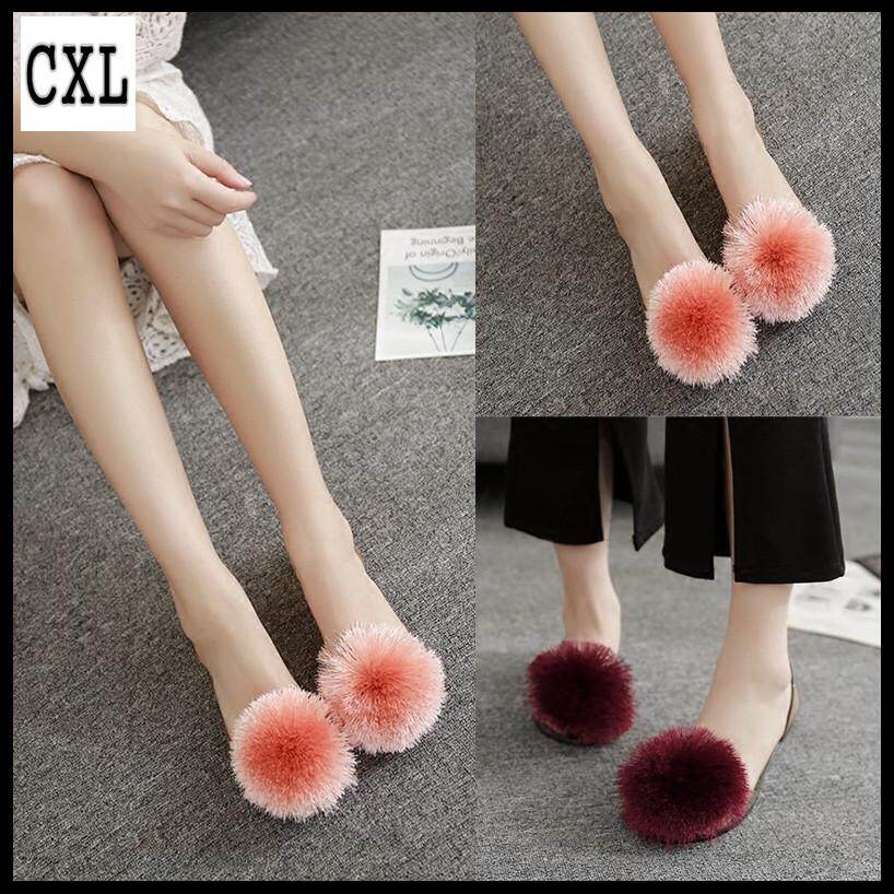 CXL Brand Fashion Korean Version Beautiful Beach Jelly Flat Shoes Hairball Inlay Sandals For Women (35-40 size)